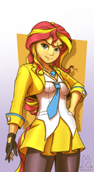 Size: 777x1425 | Tagged: safe, artist:mykegreywolf, edit, editor:marno, sunset shimmer, equestria girls, ace attorney, athena cykes, clothes, cosplay, costume, crossover, female, gloves, looking at you, pantyhose, skirt, skirt suit, smiling, solo, suit