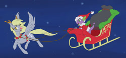 Size: 1280x598 | Tagged: safe, artist:sugarcup, derpy hooves, spike, deer, dragon, pegasus, pony, reindeer, christmas, female, hat, mare, rudolph the red nosed reindeer, santa claus, santa hat, sleigh