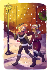 Size: 1300x1884 | Tagged: safe, artist:amazingbutterfingers, sci-twi, sunset shimmer, twilight sparkle, equestria girls, christmas, clothes, coat, eyes closed, female, glasses, holiday, human coloration, lamppost, lesbian, scitwishimmer, shipping, snow, snowfall, sunsetsparkle, wreath