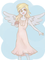 Size: 600x800 | Tagged: safe, artist:kukutjulu01, artist:misochikin, derpy hooves, angel, equestria girls, beautiful, blonde, blushing, clothes, cute, derpabetes, dress, food, happy, looking at you, muffin, open mouth, smiling, solo, spread wings, wings
