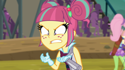 Size: 1280x720 | Tagged: safe, screencap, fluttershy, sour sweet, equestria girls, friendship games, angry, freckles, frown, glare, gritted teeth, shrunken pupils, sour rage