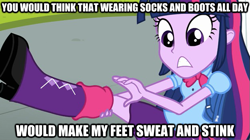 Size: 625x351 | Tagged: safe, derpibooru import, edit, edited screencap, screencap, twilight sparkle, equestria girls, equestria girls (movie), feet, image macro, solo