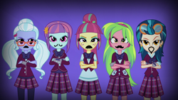 Size: 1280x720 | Tagged: safe, edit, edited screencap, screencap, indigo zap, lemon zest, sour sweet, sugarcoat, sunny flare, equestria girls, friendship games, clothes, crossed arms, crystal prep academy uniform, crystal prep shadowbolts, facial hair, glasses, goatee, goggles, gradient background, headphones, moustache, moustache edit, random, school uniform, shadow five, unleash the magic, wat