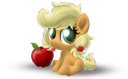 Size: 5600x3500 | Tagged: safe, artist:symbianl, applejack, earth pony, pony, apple, baby, baby pony, babyjack, filly, foal, obligatory apple, sitting, solo, tongue out