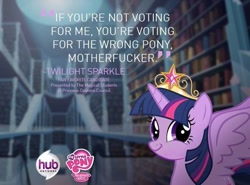 Size: 680x502 | Tagged: safe, derpibooru import, twilight sparkle, twilight sparkle (alicorn), alicorn, pony, best pony contest, female, hub logo, hub network, mare, poll, quote, solo, the hub, twiface, vulgar