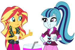 Size: 6000x4000 | Tagged: safe, artist:spottedlions, part of a set, sonata dusk, sunset shimmer, equestria girls, absurd resolution, beverage, clothes, commission, cute, friendshipping, fruit punch, punch (drink), punch bowl, shimmerbetes, simple background, smiling, tongue out, white background