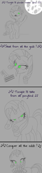 Size: 500x2042 | Tagged: safe, artist:drakxs, rarity, pony, unicorn, inspiration manifestation, alive, bedroom eyes, cake, card, comic, david hasselhoff, eating, grin, implied cakelestia, implied princess celestia, inspirarity, jekyll & hyde, looking at you, monochrome, moon, night, open mouth, singing, song reference, tongue out