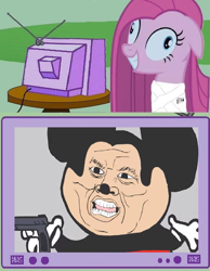 Size: 577x743 | Tagged: safe, pinkie pie, earth pony, pony, 123pendejos, exploitable meme, gun, meme, mickey mouse, mokey, pinkamena diane pie, sr pelo, tv meme, weapon