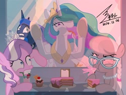 Size: 1300x990 | Tagged: safe, artist:bluse, diamond tiara, princess celestia, princess luna, silver spoon, alicorn, earth pony, pony, against glass, bloodshot eyes, cake, cakelestia, clipboard, cringing, drink, drool, female, filly, food, glasses, jewelry, licking, mare, necklace, pearl necklace, revenge, show accurate, spit take, that pony sure does love cakes, tongue out