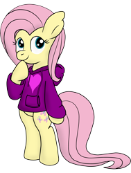 Size: 3023x4000 | Tagged: safe, artist:schizophrenicghost, fluttershy, pegasus, pony, bipedal, clothes, hoodie, solo