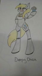 Size: 608x1080 | Tagged: safe, artist:pandapawzzzz, derpy hooves, pegasus, pony, chica, crossover, female, five nights at freddy's, mare, parody, solo