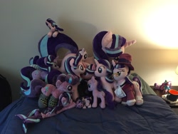 Size: 3264x2448 | Tagged: artist needed, safe, snowfall frost, starlight glimmer, pony, seapony (g4), unicorn, bed, chibi, clothes, irl, life size, multeity, photo, plushie, pony pile, seaponified, seapony starlight glimmer, socks, species swap, starlight cluster, striped socks, this will end in timeline distortion