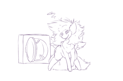 Size: 2186x1441 | Tagged: safe, artist:nom-sympony, oc, oc only, oc:pepci, pony, cute, dizzy, dryer, fluffy, monochrome, solo, swirly eyes, tongue out, washing machine