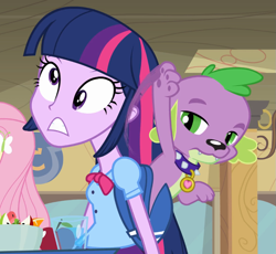 Size: 869x801 | Tagged: safe, derpibooru import, screencap, fluttershy, spike, twilight sparkle, dog, equestria girls, equestria girls (movie), derp, derplight sparkle, dope slap, slap, smack, spike is not amused, spike the dog, unamused