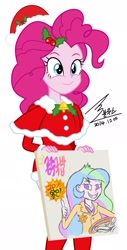 Size: 900x1773 | Tagged: safe, artist:bluse, pinkie pie, princess celestia, equestria girls, background removed, clothes, cute, holly, santa costume, show accurate, sign, signature, simple background, white background