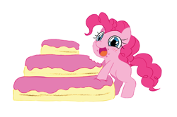 Size: 966x643 | Tagged: safe, artist:jessy, pinkie pie, earth pony, pony, blank flank, blushing, cake, crumbs, cute, diapinkes, filly, solo, young, younger