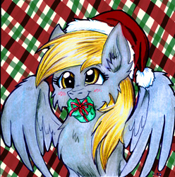 Size: 2397x2418 | Tagged: safe, artist:hiro-uzumaki, derpy hooves, pegasus, pony, blushing, chest fluff, cute, derpabetes, female, food, hat, mare, muffin, present, santa hat, solo