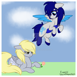 Size: 1024x1024 | Tagged: safe, artist:mint0swirl, derpy hooves, oc, oc:swirly, pegasus, pony, female, flower, grass, mare