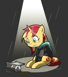 Size: 1327x1498 | Tagged: safe, artist:rvceric, sunset shimmer, pony, unicorn, eqg summertime shorts, equestria girls, monday blues, clothes, coffee, crying, cup, female, mare, paper bag, rain, sad, sitting, solo, sunsad shimmer