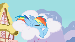 Size: 1600x900 | Tagged: artist needed, safe, derpibooru import, rainbow dash, pegasus, pony, cloud, sleeping, solo, wallpaper