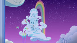 Size: 1280x720 | Tagged: safe, derpibooru import, screencap, rainbow dash, pegasus, pony, newbie dash, cloud, cloud house, female, flying, house, mare, night, rainbow, rainbow dash's house, rainbow waterfall, stars