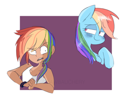 Size: 2057x1664 | Tagged: safe, artist:drawbauchery, derpibooru import, rainbow dash, human, pony, blushing, bust, cute, dashabetes, human ponidox, humanized, portrait, self ponidox, smiling