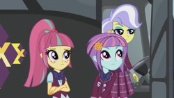 Size: 1679x945 | Tagged: safe, screencap, sour sweet, sunny flare, upper crust, equestria girls, friendship games, clothes, crossed arms, crystal prep academy uniform, crystal prep shadowbolts, school uniform