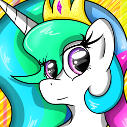 Size: 1000x1000 | Tagged: safe, artist:flamevulture17, princess celestia, alicorn, pony, bust, crown, female, horn, mare, multicolored mane, solo, white coat