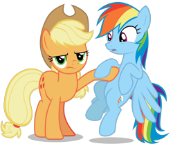 Size: 4278x3605 | Tagged: safe, artist:famousmari5, derpibooru import, applejack, rainbow dash, earth pony, pegasus, pony, non-compete clause, cowboy hat, hat, pushing, simple background, stetson, transparent background, unamused, vector