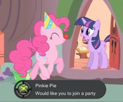 Size: 700x583 | Tagged: safe, derpibooru import, edit, edited screencap, screencap, gummy, pinkie pie, twilight sparkle, earth pony, pony, party of one, achievement, caption, clown nose, hat, party hat, xbox 360