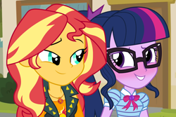 Size: 6000x4000 | Tagged: safe, artist:mlpshipper24, sci-twi, sunset shimmer, twilight sparkle, better together, equestria girls, absurd resolution, blushing, blushing profusely, clothes, cute, duo, female, geode of empathy, geode of telekinesis, glasses, lesbian, looking at each other, scitwishimmer, shipping, smiling, sunsetsparkle, twiabetes