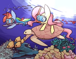 Size: 900x698 | Tagged: safe, artist:joycall6, derpibooru import, fluttershy, rainbow dash, fish, pegasus, pony, turtle, coral, diving, pixel art, snorkel, underwater, watershy