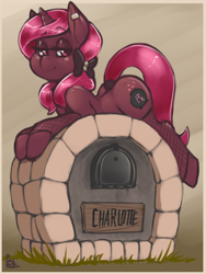 Size: 750x1000 | Tagged: safe, artist:phurie, oc, oc only, oc:charlotte, pony, unicorn, female, fishnet stockings, mailbox, mare, solo