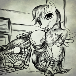 Size: 600x600 | Tagged: safe, artist:kunshomo, derpibooru import, rainbow dash, pegasus, pony, semi-anthro, biker, bipedal, boots, clothes, female, grayscale, helmet, jacket, mare, monochrome, motorcycle, pixiv, shoes, solo