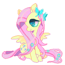 Size: 600x600 | Tagged: safe, artist:shacklefunk, fluttershy, butterfly, pegasus, pony, female, flower, flower in hair, mare, pixel art, simple background, solo, white background