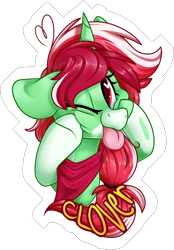 Size: 1418x2035 | Tagged: safe, artist:mulberrytarthorse, oc, oc only, oc:clover, pony, badge, bust, clover, female, solo, tongue out