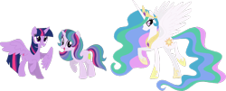 Size: 1410x567 | Tagged: safe, artist:archerinblue, princess celestia, twilight sparkle, twilight sparkle (alicorn), oc, oc:aurora borealis, alicorn, pony, unicorn, cute, family, female, lesbian, magical lesbian spawn, mare, offspring, parent:princess celestia, parent:twilight sparkle, parents:twilestia, shipping, simple background, transparent background, twilestia