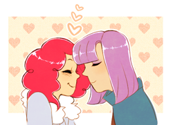 Size: 500x362 | Tagged: safe, artist:mimimonlon, maud pie, pinkie pie, human, cute, duo, eyes closed, heart, humanized, nuzzling, pie sisters, profile