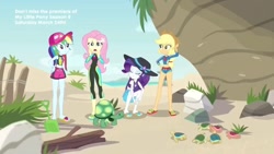 Size: 1280x720 | Tagged: safe, derpibooru import, screencap, applejack, fluttershy, rainbow dash, rarity, turtle, aww... baby turtles, better together, equestria girls, clothes, feet, flip-flops, sandals, swimsuit, wetsuit