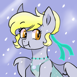 Size: 604x602 | Tagged: safe, artist:scarletskitty12, derpy hooves, pegasus, pony, alternate hairstyle, clothes, dress, female, gala dress, mare, necklace, snow, snowfall, solo