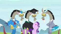 Size: 1920x1080 | Tagged: safe, screencap, discord, spike, starlight glimmer, draconequus, dragon, pony, a matter of principals, clothes, graduation cap, hat, multeity, nose in the air, sailor suit, self ponidox, suit, winged spike