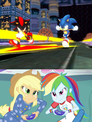 Size: 841x1110 | Tagged: source needed, safe, derpibooru import, applejack, rainbow dash, equestria girls, applejack and rainbow dash playing, console, crossover, exploitable meme, meme, shadow, shadow the hedgehog, sonic adventure 2, sonic the hedgehog, sonic the hedgehog (series), video game