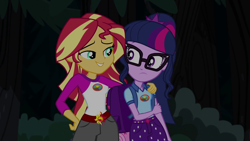 Size: 1280x720 | Tagged: safe, screencap, sci-twi, sunset shimmer, twilight sparkle, equestria girls, legend of everfree, backpack, clothes, duo, female, forest, glasses, lidded eyes, scenery, shipping fuel, shorts