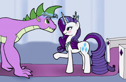 Size: 2550x1650 | Tagged: safe, artist:bico-kun, rarity, spike, dragon, pony, unicorn, crown, female, male, older, older spike, shipping, sparity, straight