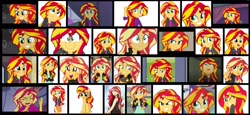 Size: 1686x776 | Tagged: source needed, safe, artist:katedoof, sunset shimmer, pony, unicorn, equestria girls, blushing, book, clothes, collage, female, gritted teeth, mare, pajamas, smiling, smirk, solo