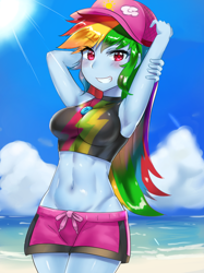 Size: 800x1067 | Tagged: safe, artist:tzc, derpibooru import, edit, editor:the dreaded, rainbow dash, better together, equestria girls, forgotten friendship, abs, adorasexy, arm behind head, armpits, beach, belly button, board shorts, breasts, cap, clothes, crepuscular rays, cute, dashabetes, female, hat, lidded eyes, looking at you, midriff, ocean, rainboob dash, sand, sexy, shorts, smiling, solo, swimsuit