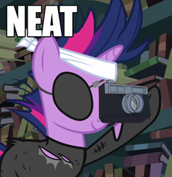 Size: 698x717 | Tagged: safe, derpibooru import, edit, twilight sparkle, pony, unicorn, bender bending rodriguez, camera, eyepatch, female, futurama, future twilight, image macro, mare, neat, parody, reaction image, solo