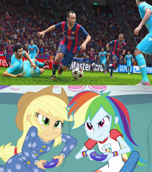 Size: 841x951 | Tagged: safe, derpibooru import, applejack, rainbow dash, equestria girls, rainbow rocks, applejack and rainbow dash playing, exploitable, exploitable meme, fc barcelona, fifa 15, football, meme, ssc napoli, video game