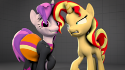 Size: 7680x4320 | Tagged: safe, artist:fd-daylight, sunset shimmer, oc, 3d, absurd resolution, angry, clothes, clothes swap, duo, equestria girls outfit, happy, jacket, leather jacket, raised hoof, skirt, source filmmaker