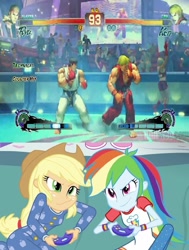 Size: 775x1024 | Tagged: safe, derpibooru import, applejack, rainbow dash, equestria girls, applejack and rainbow dash playing, exploitable meme, ken masters, meme, ryu, street fighter